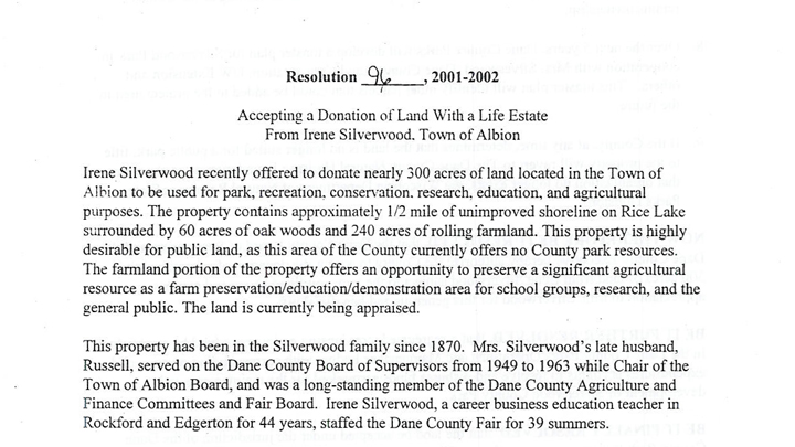 This is a picture of an excerpt of a Dane County Board resolution accepting the Silverwood Farm as a donation to the Dane County Park System in 2001.
