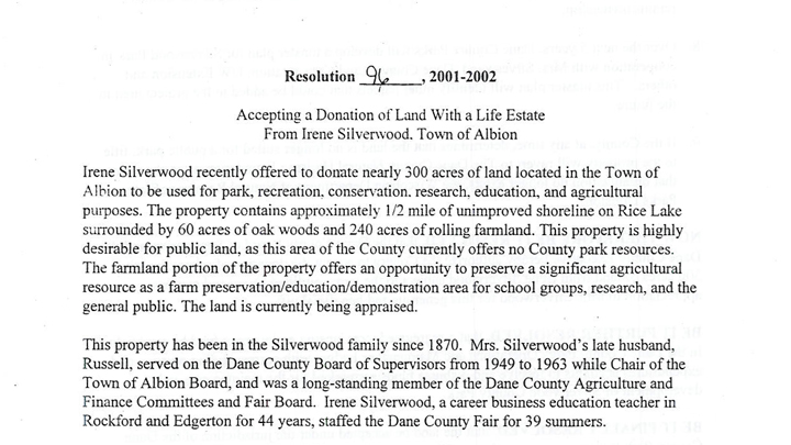 This is a picture of an excerpt of a Dane County Board resolution accepting the Silverwood Farm as a donation to the Dane County Park System in 2001.
